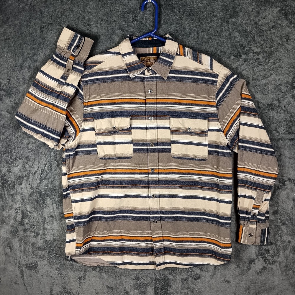 North River Flannel Shirt Men Size XL Blue Tan Stripe Heavy Button Up Casual